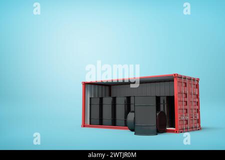3D-Darstellung eines roten Versandbehälters, gefüllt mit schwarzen Brennstofffässern auf blauem Hintergrund Stockfoto