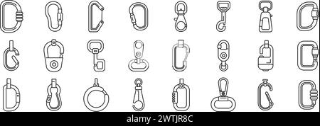 Karabinensymbole legen den Konturvektor fest. Climber mit Klapphaken. Klammer Werkzeug Metall Stock Vektor