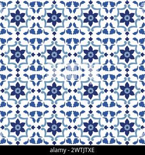 Handgezeichnetes abstraktes nahtloses Blumenmuster. Poruguese Azulejo Fliesen. Druckvektor für Teppich, Teppich, Schal. Dekor aus Handtuch, Textil, Yogamatte Stock Vektor