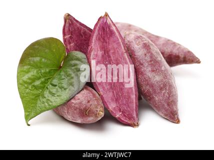 Lila farbigen Süßkartoffeln auf weißem Hintergrund Stockfoto