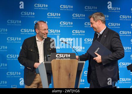 v.li:Manfred WEBER, .Markus SOEDER Ministerpraesident Bayern und CSU Vorsitzender, Pressekonferenz nach Vorstandssitzung des CSU Praesidiums in der CSU Landesleitung in München am 18.03.2024. *** Von links Manfred WEBER, Markus SOEDER Ministerpräsident von Bayern und CSU-Vorsitzender, Pressekonferenz nach der CSU-Exekutivsitzung am 18. März 2024 in der CSU-Landeszentrale in München Stockfoto