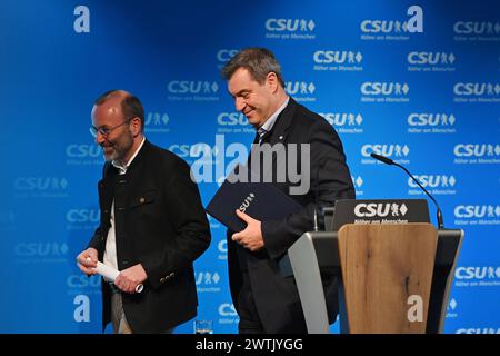 v.li:Manfred WEBER, .Markus SOEDER Ministerpraesident Bayern und CSU Vorsitzender, Pressekonferenz nach Vorstandssitzung des CSU Praesidiums in der CSU Landesleitung in München am 18.03.2024. *** Von links Manfred WEBER, Markus SOEDER Ministerpräsident von Bayern und CSU-Vorsitzender, Pressekonferenz nach der CSU-Exekutivsitzung am 18. März 2024 in der CSU-Landeszentrale in München Stockfoto