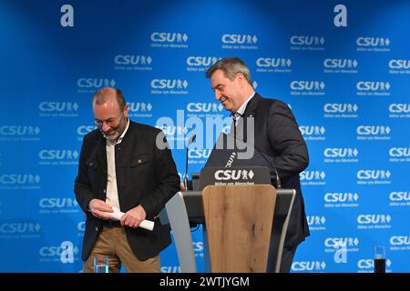 v.li:Manfred WEBER, .Markus SOEDER Ministerpraesident Bayern und CSU Vorsitzender, Pressekonferenz nach Vorstandssitzung des CSU Praesidiums in der CSU Landesleitung in München am 18.03.2024. *** Von links Manfred WEBER, Markus SOEDER Ministerpräsident von Bayern und CSU-Vorsitzender, Pressekonferenz nach der CSU-Exekutivsitzung am 18. März 2024 in der CSU-Landeszentrale in München Stockfoto