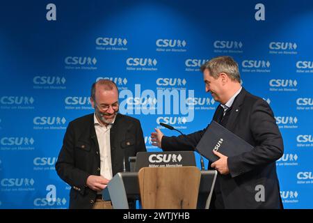 v.li:Manfred WEBER, .Markus SOEDER Ministerpraesident Bayern und CSU Vorsitzender, Pressekonferenz nach Vorstandssitzung des CSU Praesidiums in der CSU Landesleitung in München am 18.03.2024. *** Von links Manfred WEBER, Markus SOEDER Ministerpräsident von Bayern und CSU-Vorsitzender, Pressekonferenz nach der CSU-Exekutivsitzung am 18. März 2024 in der CSU-Landeszentrale in München Stockfoto