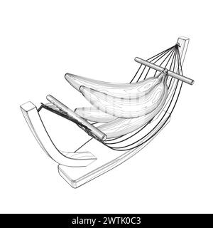 Vektor isolierte Bananenbündel farblose schwarze und weiße Konturlinie einfache Zeichnung. Bananen stehen auf einem Stand. Isometrische Ansicht. Stock Vektor