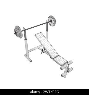 Drahtmodell der Turnbank und Langhantel auf weißem Ständer isoliert auf weißem Hintergrund. Vektorabbildung. Line Art Vektor der Barbell Bench Press. Isometrisch Stock Vektor