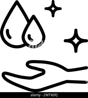 Feuchtigkeitsspendende Creme, Rasiergel oder Seifenschaum mit Wassertropfen, Gesichtshaut- und Handpflege oder Duschgel mit linearem Symbol. Schaum- und Handsymbol, Flüssigseife und ha Stock Vektor