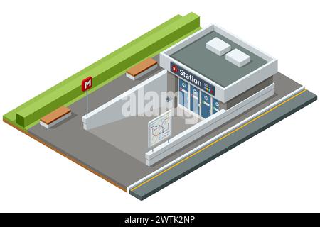 Isometrischer Eingang zur U-Bahn isoliert auf weiß. Fahrzeuge, die für die Beförderung einer großen Anzahl von Fahrgästen ausgelegt sind. Außenbereich des U-Bahnhofs. U-Bahn Stock Vektor