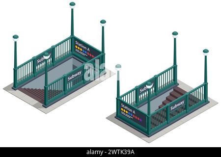 Isometrischer Eingang zur U-Bahn isoliert auf weiß. Fahrzeuge, die für die Beförderung einer großen Anzahl von Fahrgästen ausgelegt sind. Außenbereich des U-Bahnhofs. U-Bahn Stock Vektor