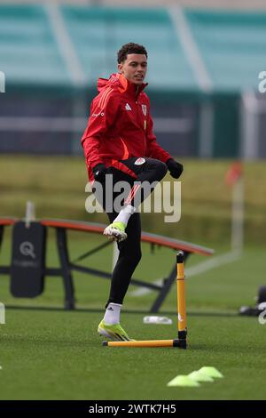 Cardiff, Großbritannien. März 2024. Brennan Johnson aus Wales während des Trainings der walisischen Fußballmannschaft in Hensol, Vale of Glamorgan in Südwales am Montag, den 18. März 2024. Das Team trainiert vor dem Qualifikationsspiel zur UEFA Euro 2024 gegen Finnland in dieser Woche. bild von Andrew Orchard/Andrew Orchard Sportfotografie/Alamy Live News Credit: Andrew Orchard Sportfotografie/Alamy Live News Stockfoto