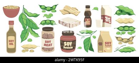 Sojabohnenprodukte. Cartoon Bio-Lebensmittel mit Sojabohnen Soja Milch Soja Tofu Tempeh, vegane vegetarische gesunde Protein Alternative. Vektorsatz. Natürliche Zutaten für Fleisch, Öl und Mehl Stock Vektor