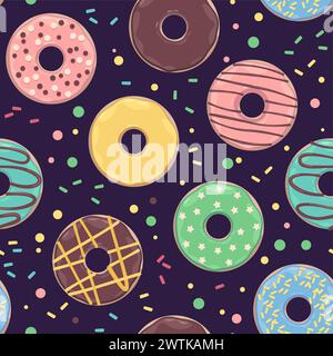 Donut-Muster. Nahtloser Druck von rundem süßem Bäckerei-Dessert mit Loch, süßem Cartoon-Zuckerkuchen mit Schokoladenglasur und Streuseln. Vektortextur Stock Vektor