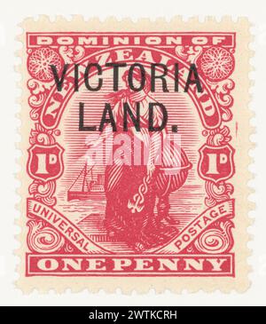 Ein Penny-Stempel mit 'Penny Dominion', der mit 'VICTORIA LAND' überdruckt ist. Briefmarken Stockfoto