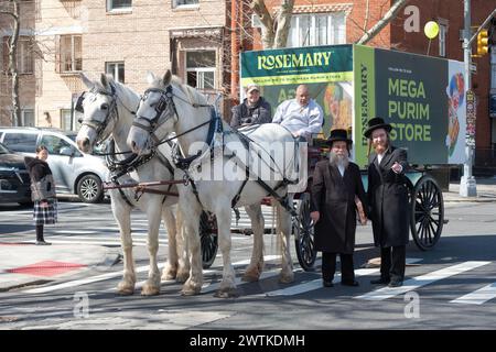 Zwei chassidische Männer posieren für ein Foto in der Nähe einer Pferdekutsche, die Purim Goods in Rosemary, einem koscheren Supermarkt in Williamsburg, Brooklyn, NYC, anpreist. Stockfoto