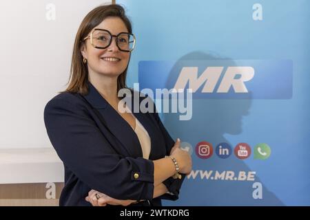 Brüssel, Belgien März 2024. Melanie Laroche posiert für die Fotografin während der Pressepräsentation der europäischen Liste der französischsprachigen liberalen Partei MR (Mouvement Reformateur) am Montag, den 18. März 2024, im Hauptquartier in Brüssel. BELGA FOTO NICOLAS MAETERLINCK Credit: Belga News Agency/Alamy Live News Stockfoto