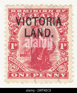 Ein Penny-Stempel mit 'Penny Dominion', der mit 'VICTORIA LAND' überdruckt ist. Briefmarken Stockfoto