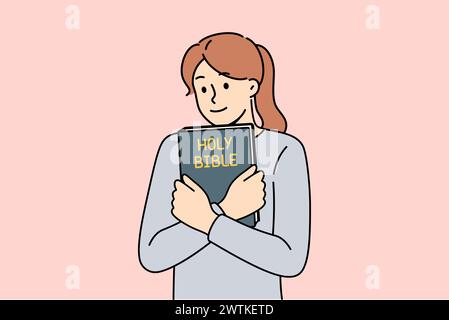 Die Gläubige Frau umarmt die Bibel und fühlt sich aufgeklärt, nachdem sie religiöse christliche Bücher mit Predigten oder Gebeten gelesen hat. Heilige Bibel in den Händen eines Teenager-Mädchens, das mit dem Studium der Orthodoxie beginnen will Stock Vektor