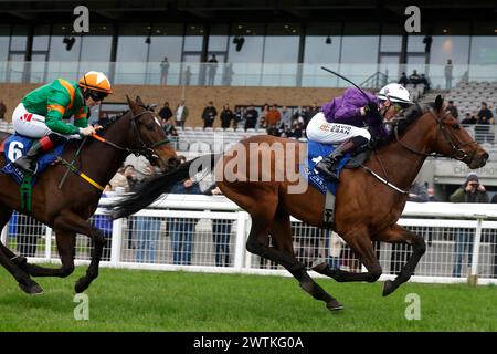 Arizona Blaze wurde von Jockey David Egan (rechts) auf dem Weg zum Sieg des Castle Star & Alkumait Standing im Capital Stud Irish EBF Maiden mit Rowdy Yeats, der von Jockey Colin Keane als zweiter während der St. St. Patrick's Festival Race Day auf der Rennbahn Curragh, County Kildare. Bilddatum: Montag, 18. März 2024. Stockfoto