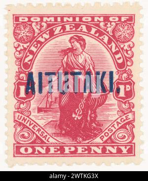 Ein Penny Dominion-Stempel mit 'AITUTAKI' bedruckt. Briefmarken Stockfoto