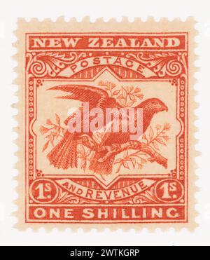 Gab eine Shilling-Briefmarke „Kea and Kaka“ in orange-roter visueller und verbaler Kommunikation aus, Briefmarken Stockfoto