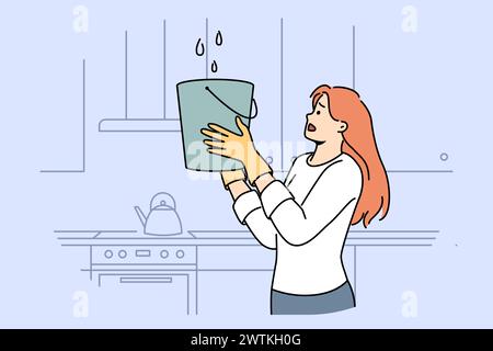 Dachundichtigkeit verursachte Überschwemmung im Haus einer verwirrten Frau, die den Eimer unter die Tropfen stellte. Dachleck in der Wohnung aufgrund von Verstößen gegen die Bauvorschriften oder problematischen Nachbarn aus dem oberen Stockwerk Stock Vektor