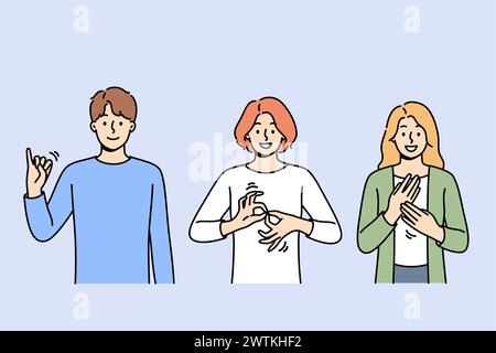 Taube und stumme Menschen kommunizieren mit Gebärdensprache durch unterschiedliche Gesten. Guy und zwei Mädchen lernen Gebärdensprache, um mit Menschen mit Behinderungen kommunizieren zu können Stock Vektor