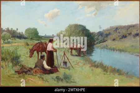 Maoris am Flussufer malte Stockfoto