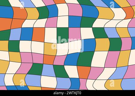Grooviger karierter Hintergrund. Abstraktes, verdrehtes Schachbrett-Retro-Vektormuster. Psychedelisches Flussgitter. Vintage-Design im Hippie-Stil der 70er bis 80er Jahre Stock Vektor