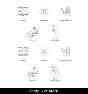 Komponenten des Symbolpakets „AI Symbol Vector“ zur Visualisierung der grundlegenden Konzepte der künstlichen Intelligenz Stock Vektor