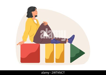 Frau Meloman sitzt auf Tasten, um Multimedia-Player zu steuern und Musik in der mobilen Anwendung zu wechseln Stock Vektor