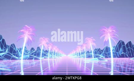 Synthwave Drahtmodellnetz. Palmen auf der Straße. Rückwärts gewogene Landschaft. 3D-Abbildung Stockfoto
