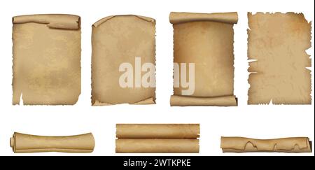 Altes Pergament. Papier scrollen. Das antike Papyrus. Zerrissene Seite eines Vintage-Buches oder Briefes. Textur des gerollten Alters. Mittelalterliche Handschrift. Historischer Vertrag. Märchendokument. Vektor antike gewellte Blätter Set Stock Vektor