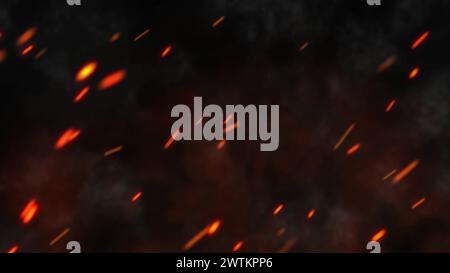 Fliegende Ember aus dem Feuer. Nahaufnahme brennender Feuerfunken am Lagerfeuer. Feuer Partikel über schwarzem Hintergrund mit Rauch. 3D-Abbildung Stockfoto