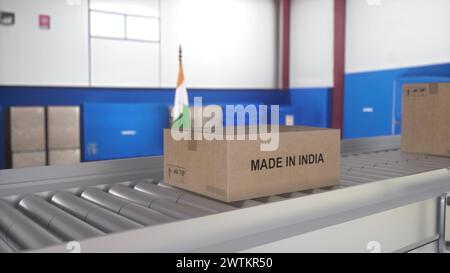 Made in INDIA Import- und Exportkonzept. Kartonschachteln mit Produkt aus INDIEN auf dem Rollenförderer. 3D-Abbildung Stockfoto