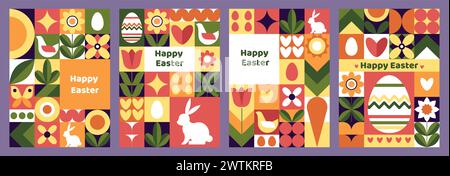 Ostergrußkarten. Frühlingsferien. Geometrische Symbole für Kaninchen und Eier. Hase mit Karotte. Frühlingsblumen. Niedliche Tiere und Pflanzen. Grafische quadratische Collage. Mosaikmuster. Vector Happy Poster Set Stock Vektor