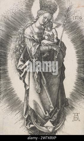 Die Jungfrau auf dem Halbmond mit einem Zepter und einer sternenklaren Krone. Drucke, Gravuren, Arbeiten auf Papier Stockfoto