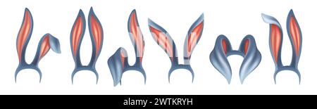 Hasenohren. 3D-Stirnband für Osterhasen. Kopfkostüm festliche Dekoration. Realistisches rosafarbenes Tierband. Hochformat. Niedliches Accessoire. Pelzhase. Maske für Fotokabine. Vektor-Zeichentrickfilm Karneval Kleidung Set Stock Vektor