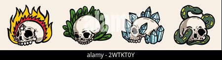 Schädelflächen. Skelett Blume gruselige Doodle Zeichnung, Kunstdruck oder Logo von Vintage Kopfaufkleber, Tattoo Silhouette. Hintergrund Feuer, Pflanze und Schlange. Vektor-Cartoon flache Art isolierte Illustration Set Stock Vektor