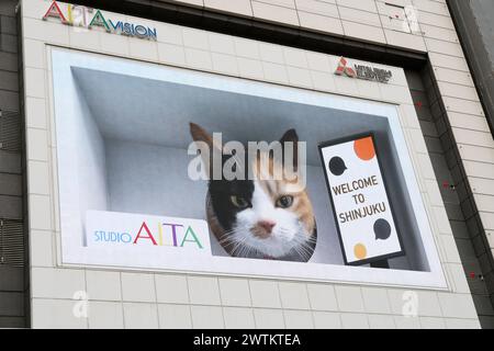 DIGITALE REKLAMETAFELN MIT REALISTISCHER, RIESIGER 3D-CAT VERBLÜFFEN DIE ZUSCHAUER IN TOKIO Stockfoto