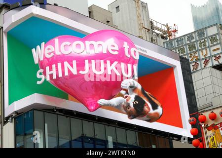 DIGITALE REKLAMETAFELN MIT REALISTISCHER, RIESIGER 3D-CAT VERBLÜFFEN DIE ZUSCHAUER IN TOKIO Stockfoto