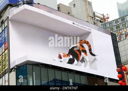 DIGITALE REKLAMETAFELN MIT REALISTISCHER, RIESIGER 3D-CAT VERBLÜFFEN DIE ZUSCHAUER IN TOKIO Stockfoto