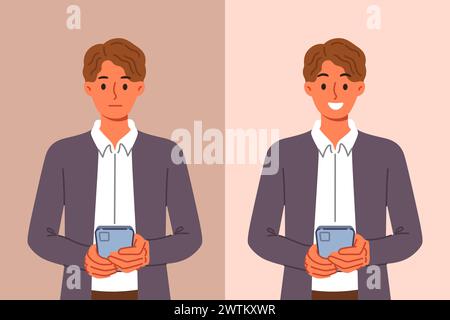 Geschäftsmann mit Mobiltelefon fühlt sich glücklich oder traurig, wenn er die Anwendung verwendet oder Nachrichten empfängt Stock Vektor