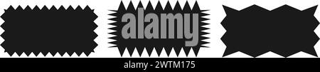 Gezacktes Rechteck. Ein Satz von ungleichmäßigen rechteckigen Zickzack-Formen. Schwarze Farbe. Isolierte Elemente für die Gestaltung von Textfeld, Schaltfläche, Abzeichen, Banner, Tag, Stiel Stock Vektor