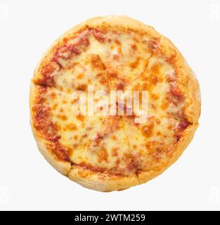 Pizza Margarita frisch isoliert auf weißem Hintergrund mit Schneidepfad blank für Design. Draufsicht. Stockfoto