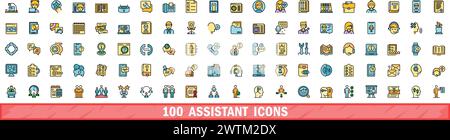 100 Assistenzsymbole eingestellt. Farblinie Satz von Assistenten-Vektorsymbolen dünne Linie Farbe flach auf weiß Stock Vektor