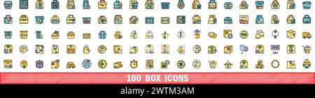 100 Box-Symbole gesetzt. Farblinie Satz von Feldvektorsymbolen dünne Linie Farbe flach auf weiß Stock Vektor