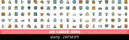 100 Karrieresymbole gesetzt. Farblinie Satz von Karrierevektorsymbolen dünne Linie Farbe flach auf weiß Stock Vektor