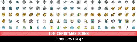 100 weihnachtssymbole. Farblinie Satz von weihnachtsvektorsymbolen dünne Linie Farbe flach auf weiß Stock Vektor