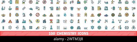 100 Symbole für Chemie. Farblinie Satz chemischer Vektorsymbole dünne Linie Farbe flach auf weiß Stock Vektor