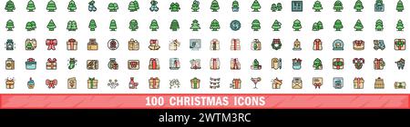 100 weihnachtssymbole. Farblinie Satz von weihnachtsvektorsymbolen dünne Linie Farbe flach auf weiß Stock Vektor